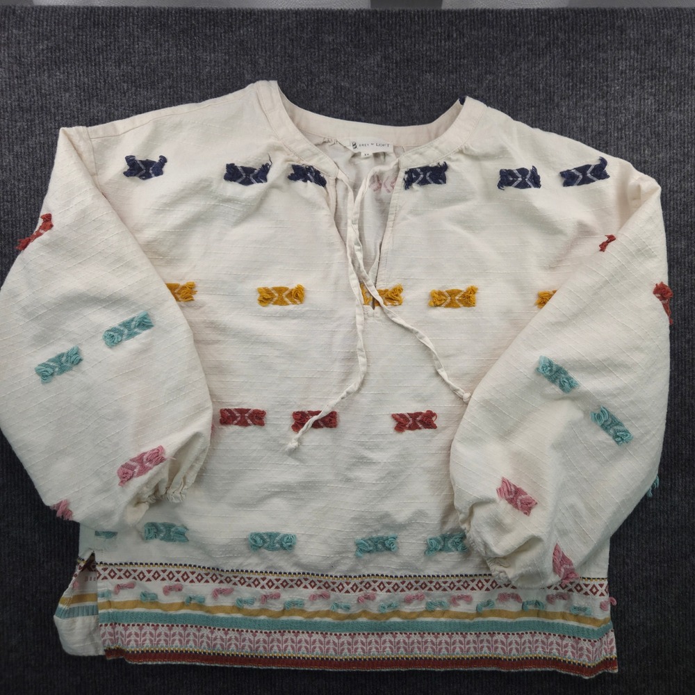 Lou & Grey Loft XS White Embroidered Peasant Blouse Boho Whimsical Tie Neck Top - Picture 3 of 8
